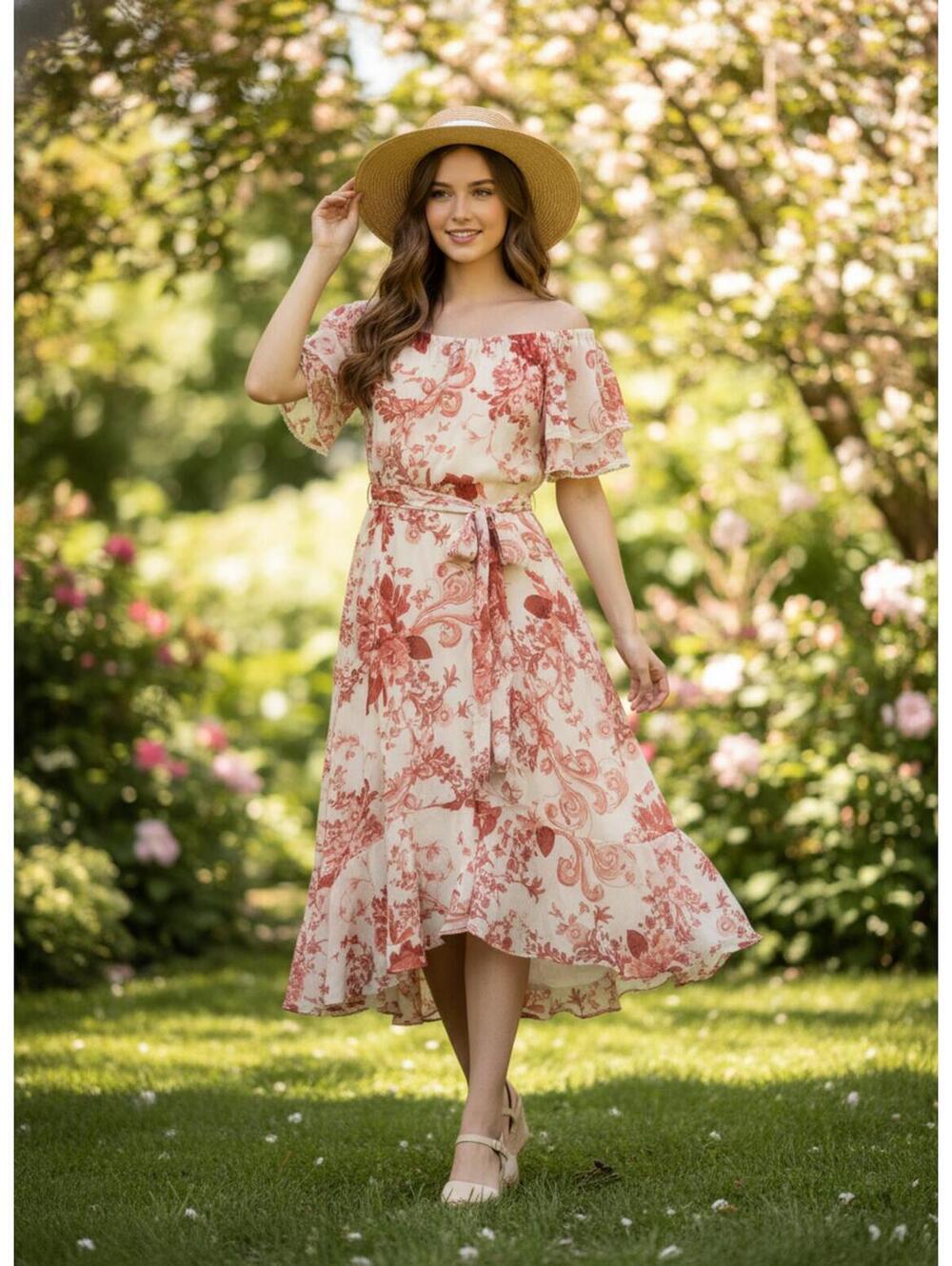 Gabby Skye White and Pink Floral Midi Dress with Ruffled Hem Size 10